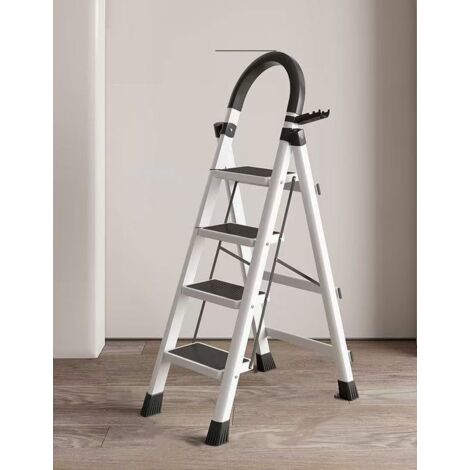 Échelle, en Acier au Carbone, Escabeau, Pliable, Plateau à Outil, Pieds Antidérapants, Capacité de Charge 150 kg, 4 Marches, Blanc