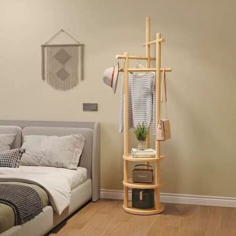Porte-manteaux rotatif en bois avec 3 barres de support et 3 niveaux de rangement pour les entrées, les appartements et les bureaux, noyer (1/5)