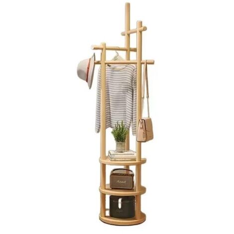 Hofuton Porte-manteaux rotatif en bois massif avec 3 étagères et 3 barres de support, pour vêtements et chapeaux, pour couloir et chambre à coucher, noyer (1/5)