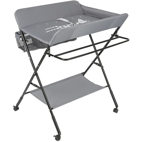Table à Langer Mobile Pliable Avec Roulettes - Hauteur Réglable 92-98 Cm, Rangement Inclus (Gris)