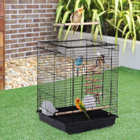 Cage pour Oiseaux Volière de Perroquet Canaries Perruche Canaris avec 2  mangeoires, 3 perchoirs Noir