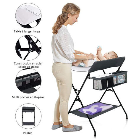 Table à Langer Bébé Pliante avec Panier de Rangement à Côté Structure en Fer Charge Max 25KG pour Nouveaux-Nés Gris