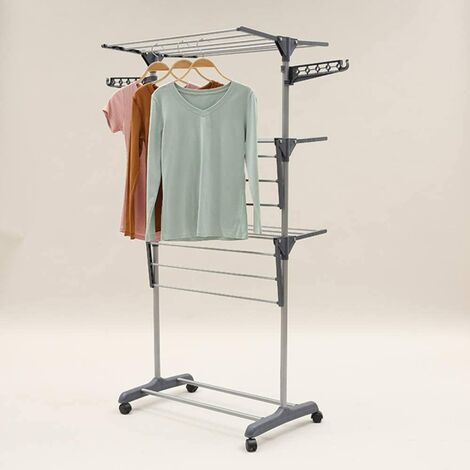 Skecten – Séchoir à linge pliable 3 niveaux avec ailes latérales – Capacité 30 kg – Matériaux écologiques – Roulettes omnidirectionnelles