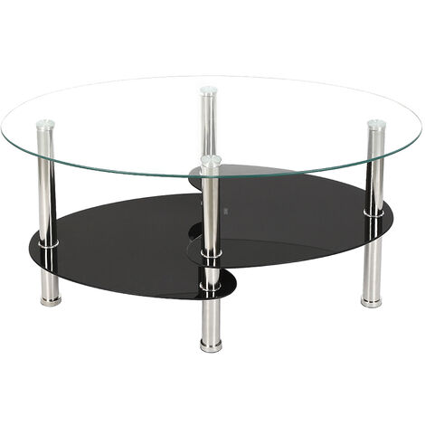 Table Basse Ovale en Verre trempé, 3 Niveaux, Pieds en Acier Inoxydable, 905043cm, Transoaren Noir (1/5)