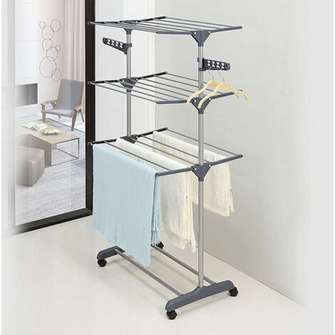 Séchoir à linge inox robuste pliable - étendoir mobile 3 niveaux - ailes pliables - barre télescopique extensible - VOUNOT® | Leroy Merlin