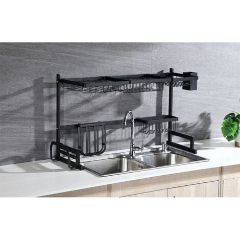 Égouttoir à Vaisselle en Acier Inoxydable avec Crochets pour Cuisine Evier Étagère Rangement , Noir