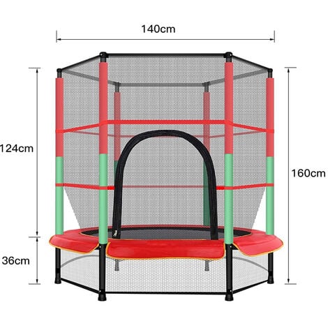 Trampoline de jardin enfants Ø 1,40 × 1,60H m filet de sécurité porte zipée couvre-ressorts + 6 poteaux rembourrés inclus noir rouge vert