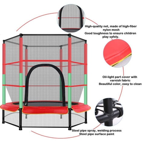 Trampoline de jardin enfants Ø 1,40 × 1,60H m filet de sécurité porte zipée couvre-ressorts + 6 poteaux rembourrés inclus noir rouge vert