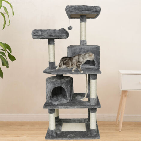 Skecten – Arbre à chat 148 cm – Griffoir avec base large – 2 niches, 2 perchoirs, 2 boules de peluche, corde de sisal – Gris foncé (1/5)