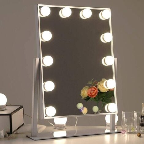Miroir de Courtoisie avec Lumières, Grand Miroir de Maquillage Hollywood  avec 3 Modes D'éclairage de Couleur et 12 Ampoules LED à Intensité  Variable, Contrôle Tactile et Rotation à 360°, Blanc