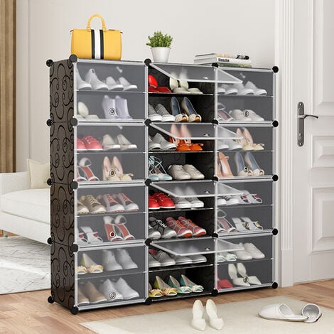 Meuble chaussures fermé rangement 12 casiers plastique chaussures modulable DIY HxlxP: 120x120x30 cm, noir