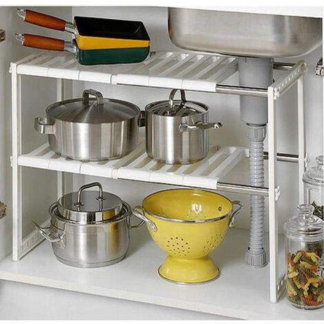Organiseur sous évier extensible 2 étages amovibles multifonctionnel pour cuisine 38x26x(38-70)cm blanc (1/5)