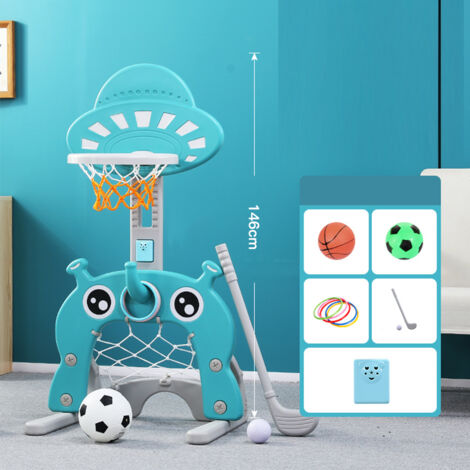 HOMASIS Panier De Basket 3 En 1 Pour Enfants – Jeu Intérieur/Extérieur Avec Basket, Foot Et Lancer D'Anneaux, Hauteur Réglable, Idéal 2-5 Ans (Bleu)