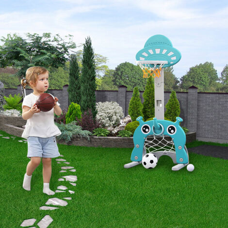 Panier De Basket 4 En 1 Pour Enfants - Hauteur Réglable 39-123 Cm Avec Football, Golf, Anneaux Et Boîte à Musique (Bleu)