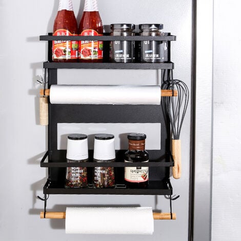 2 x Set Etagere Magnetique pour Refrigerateur avec 4 crochets - Auto  Adhesif sans Percage - Support epices mural sans vis - Rangement four et  frigo Noir