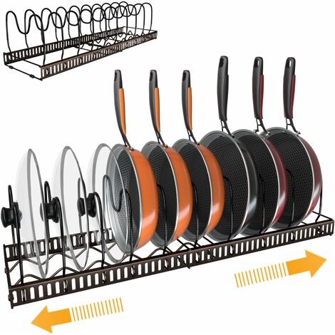 Organisateur de Poêle à Frire Extensible, Porte-Casseroles Ajustable pour Ustensiles de Cuisine, Support pour Couvercles, 10 Compartiments, Bronze