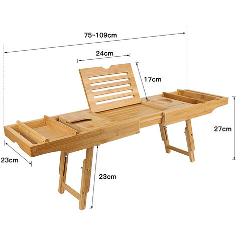 Pont De Baignoire En Bambou - Planche/Plateau Extensible De 70 à 105 Cm - Blanc, Charge 5 Kg - Pour Livre, Verre, Téléphone