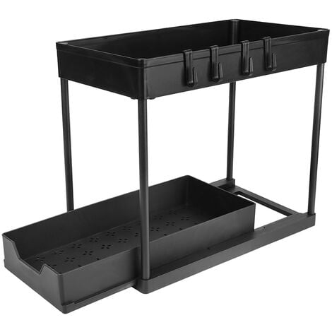 Rangement Sous Evier 2 Niveaux, Coulissant Organisateur Sous Évier Etagere Tiroir avec 4 Patères, Noir