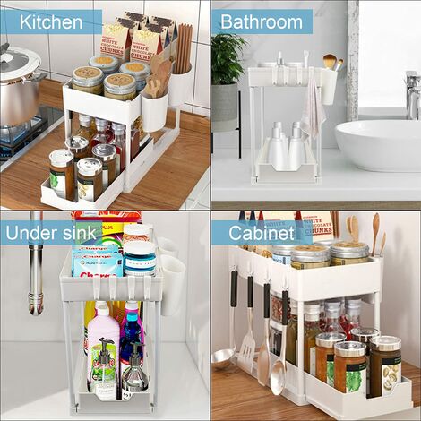 Rangement sous Evier 2 Niveaux, Coulissant Organiseur sous Évier Etagere Tiroir avec 4 Patères, Étagère sous Évier pour Cuisine Salle de Bain, Blanc