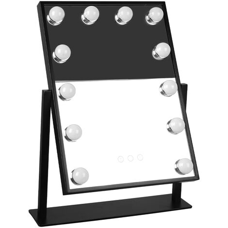 Miroir de Courtoisie avec Lumières, Grand Miroir de Maquillage Hollywood avec 3 Modes D'éclairage de Couleur et 12 Ampoules LED à Intensité Variable, Contrôle Tactile et Rotation à 360°, Noir