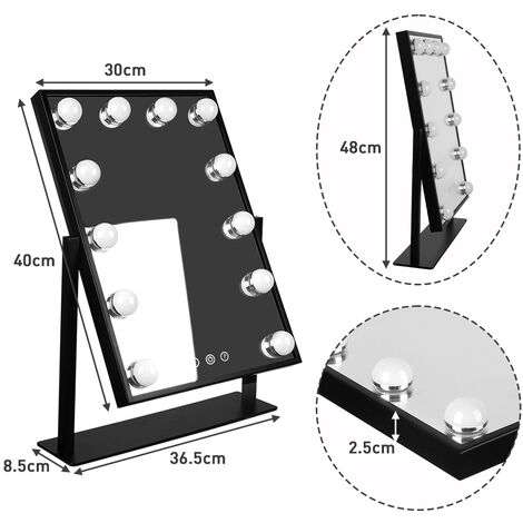 Miroir de Courtoisie Eclairé avec Ampoules LED Intensité Réglable 18 W et Touch Control Design, Style Hollywood, Miroir Maquillage Lumineux avec Luminaires LED, Noir