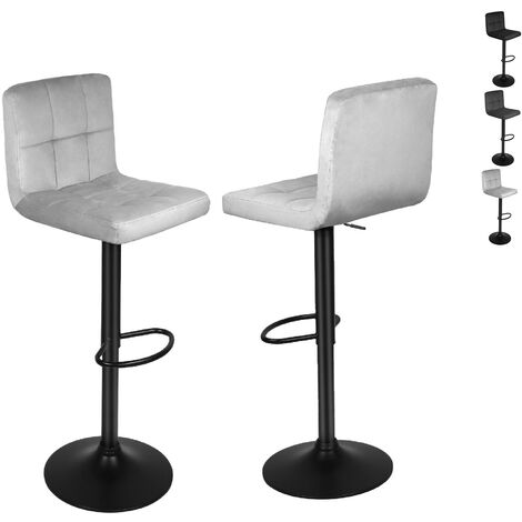 Bar, Lot de 2 tabourets surface en velours, hauteur réglable, chaise de cuisine pivotante avec dossier et repose-pieds, gris clair (1/5)