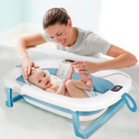 Baignoire Bébé Pliable avec Thermometre Digital, Baignoire Bébé avec Coussin, Baignoire Bébé avec Prise Pommeau de Douche, Ergonomique et Peu Encombrante, Convient Aux Bébés de 0 à 36 Mois, Vert