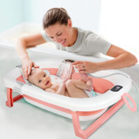 Baignoire Bébé Pliable avec Thermometre Digital, Baignoire Bébé avec Coussin, Baignoire Bébé avec Prise Pommeau de Douche, Ergonomique et Peu Encombrante, Convient Aux Bébés de 0 à 36 Mois, Rose