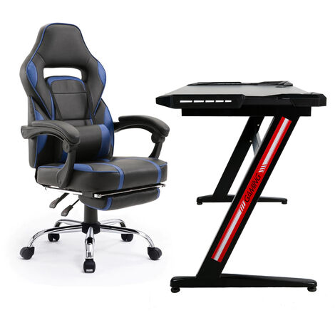 GHOST - Gaming Chair Set with Footrest and Inclined Led Desk - Blue - Blue 