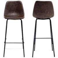BROOKLYN - Set of 2 vintage bar stools - Black iron legs and comfortable faux leather seat - Dark Brown - Seat height 75 cm - Dark Brown