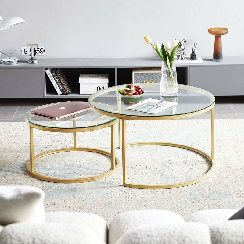 Cagnolier Table D'appoint Ronde Avec Plateau En Verre Et Bois Massif - Petite Table Avec Structure En Métal - Table De Salon Moderne Pour Canapé, Canapé, Chambre à Coucher - Diamètre