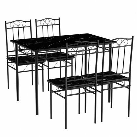 Eggree – Ensemble table et 4 chaises 109x69x75 cm – Marbre noir et acier – Style industriel pour cuisine et salle à manger