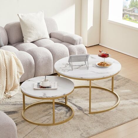 Lot de 2 table basse marbre-table basse gigogne Ronde-table salon-80x45cm/60x35cm-cadre en métal doré