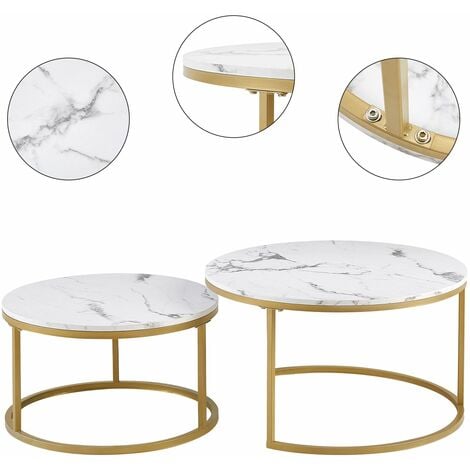 Lot de 2 table basse marbre-table basse gigogne Ronde-table salon-80x45cm/60x35cm-cadre en métal doré