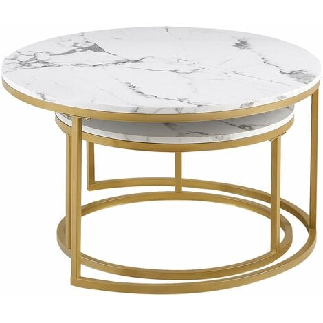 Lot de 2 table basse marbre-table basse gigogne Ronde-table salon-80x45cm/60x35cm-cadre en métal doré