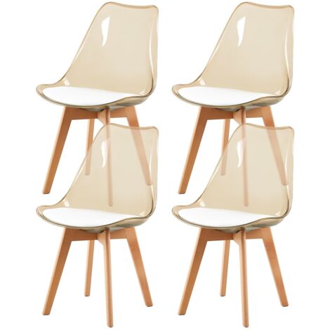 Eggree – Lot de 4 chaises salle à manger scandinaves – Pieds en bois de hêtre – Chaises transparentes marron avec coussin en cuir PU blanc – Dimensions 46x41x83cm (1/5)