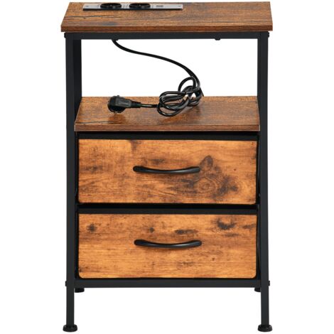 Table de chevet avec 2 tiroirs en tissu, meuble d'appoint avec 2 prises de courant et 2 USB, 40 x 30 x 60 cm, marron (1/5)