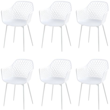 Eggree – Lot de 6 chaises scandinaves en plastique blanc – Assise enveloppante avec accoudoirs – Structure en métal laqué – Pour intérieur et extérieur (1/4)