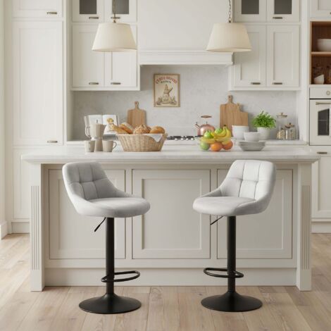 Lot de 2 tabourets de bar réglables en hauteur avec dossier, rembourrés, pivotants à 360°, modernes en velours gris (1/4)