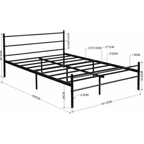 Cadre de Lit Double en Métal - 140x190 cm - Noir