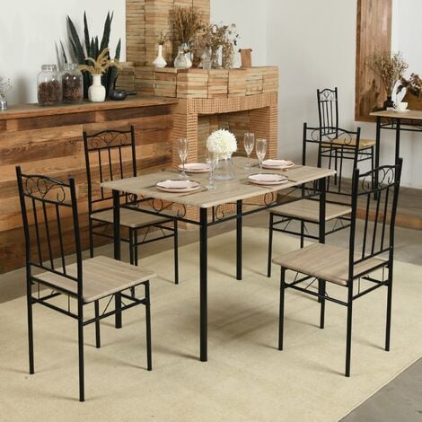 Ensemble table à manger 109x 69x 75 cm et 4 chaises-Hêtre clair et Noir-Style Industriel, pour Cuisine, Salle à Manger, Salon
