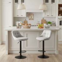 Lot de 2 tabourets de bar réglables en hauteur avec dossier, rembourrés, pivotants à 360°, modernes en velours gris