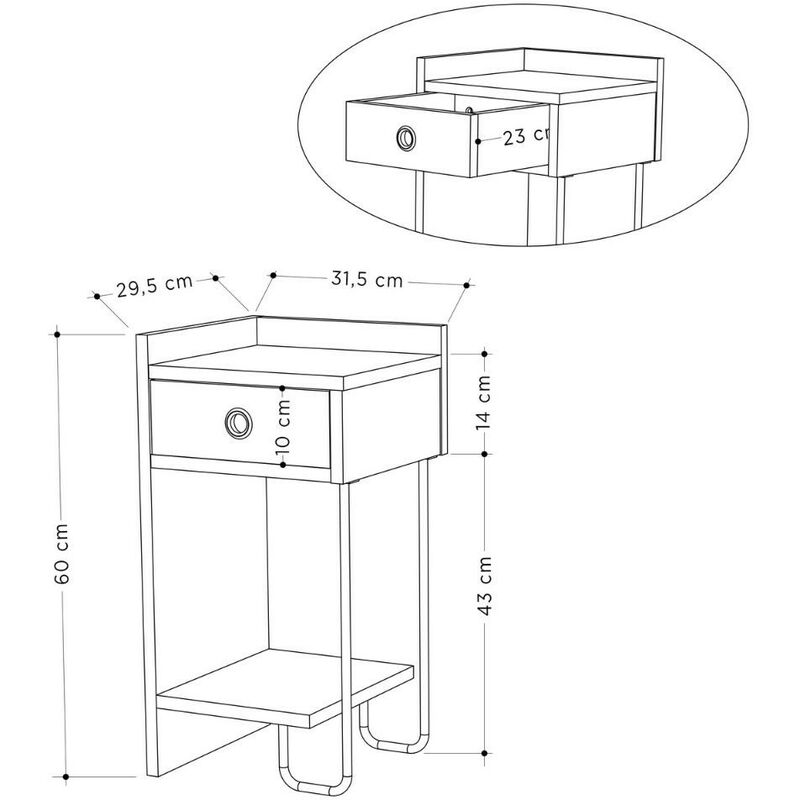 Comodino Sirius bianco con cassetto e gamba in metallo nero sinistro