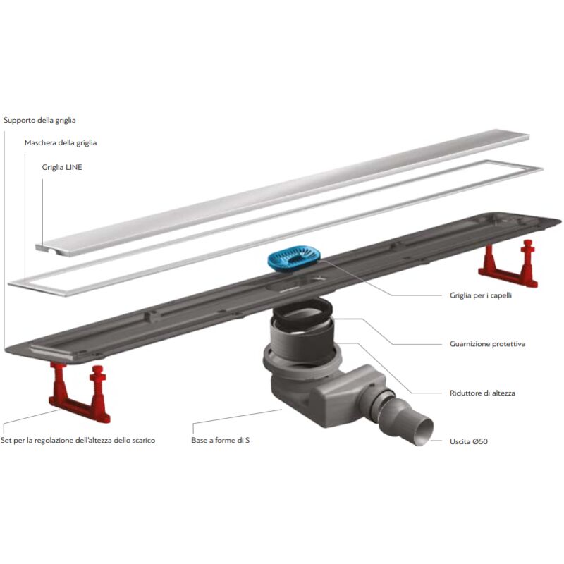 GRIGLIA CANALE 55 CM DI SCARICO A PAVIMENTO DOCCIA CONFLUO PREMIUM LINE  SISTEMA DI DRENAGGIO IN ACCIAIO INOX E PP