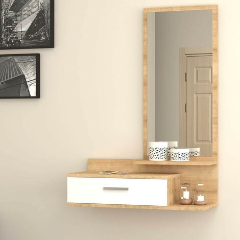 Mobile da ingresso Erie, Entratina sospesa con specchio, Mobile con  cassetto per entrata, cm 75x29h90, Bianco e Cemento