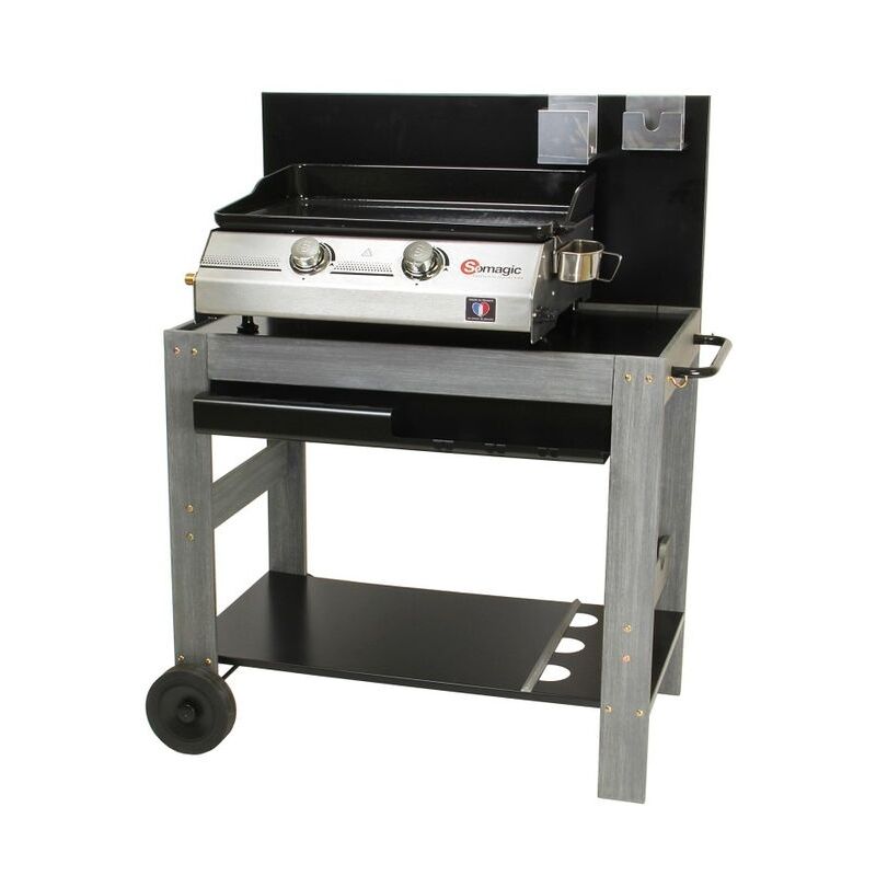Desserte Extérieur Bois Halong Avec Crédence - 87x47cm - 2 Roues - Pour Plancha, Cuisine D'extérieur