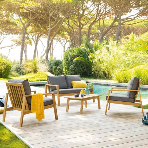 Hesperide – Salon de jardin Tiwi 4 places en acacia massif – Canapé 2 places et 2 fauteuils – Table basse rectangulaire 90x50cm – Coussins déhoussables (1/10)