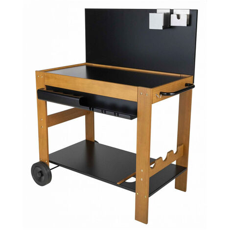 Desserte en bois FSC® avec crédence en acier – Dimensions 101,5 x 61,5 x 120,5 cm – Plateau 87 x 47 cm – 2 roulettes pour déplacement facile – Somagic