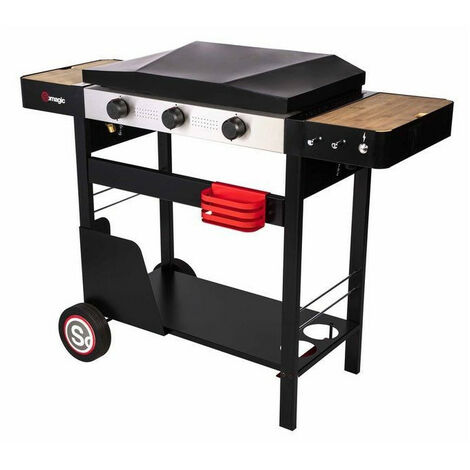 Plancha à gaz 3 brûleurs 6,5 kW – Cuve acier laqué 62 x 38 cm – Plaque fonte émaillée – Chariot avec tablettes en bambou – Somagic