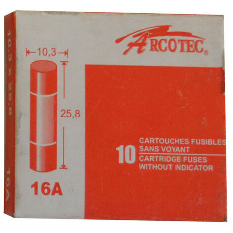 Arcotec – Boîte de 10 fusibles 16A 10.3 x 25.8 mm – Remplacement pour appareils électriques – Haute performance pour circuits domestiques